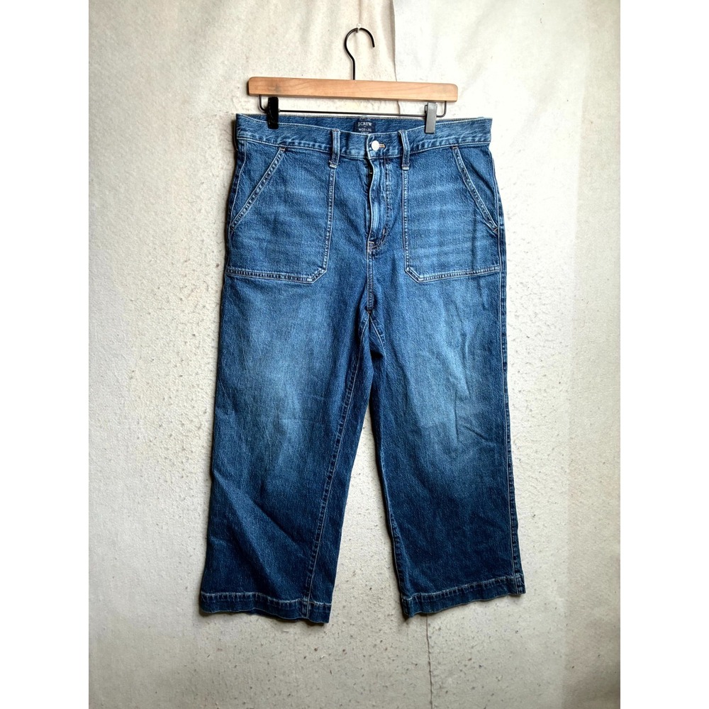 J.Crew Wide Leg Crop Jeans Womens 31 Blue Whisker Denim Cotton High Rise Stretch
